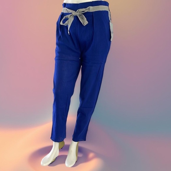 Tresics Pants - Tresics Luxe Blue summer Pants 100% cotton with Gray Tie Waist - size S,M.L